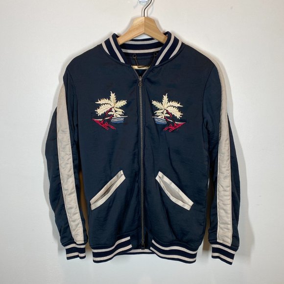 Satin Mai Tai Bomber Jacket by Capulet Hawaii Embroidered Navy & Oyster sz S - Picture 1 of 13